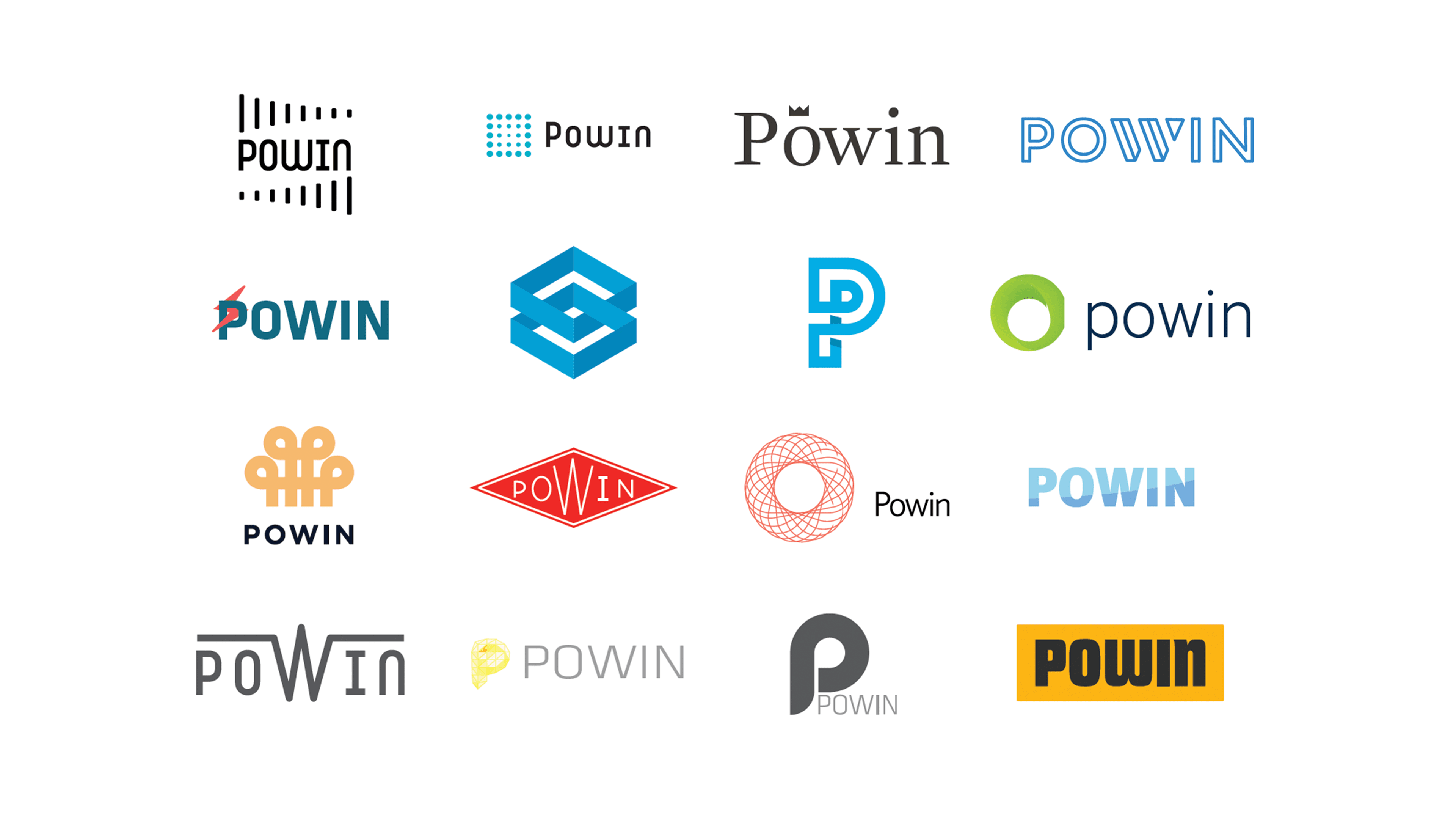 Logo exploration — sixteen directions exploring letterforms, icons, and wordmarks