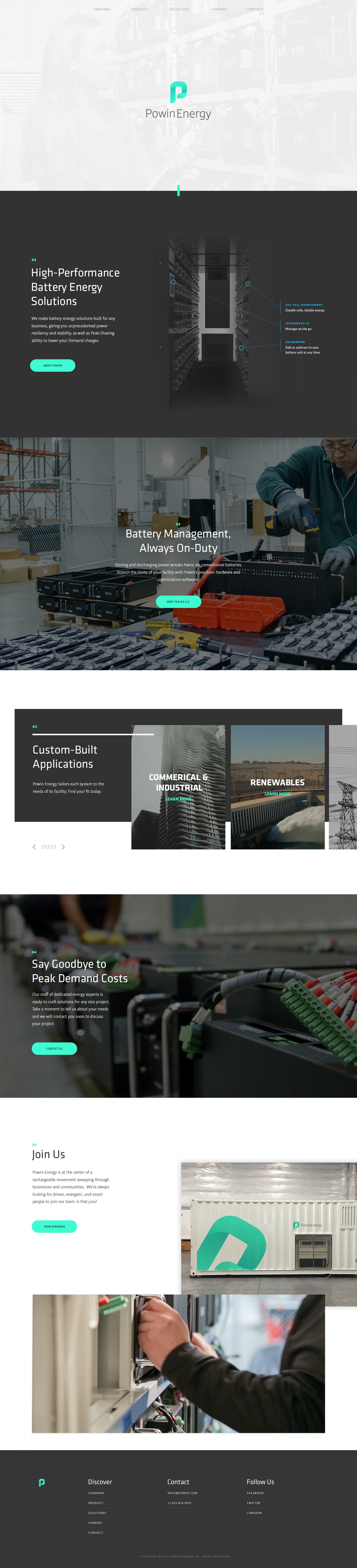 The Powin Energy website — battery solutions, peak demand costs, company information, and careers